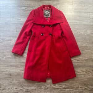 Vintage Guess Red Dbl Breasted Pea Coat Lined Convertible Collar Wool S